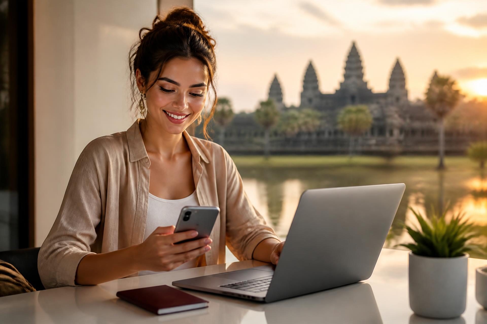 A traveler at a bright desk completing an online Cambodia e-Visa application on a laptop and phone, with the towers of Angkor Wat visible through the window at golden hour