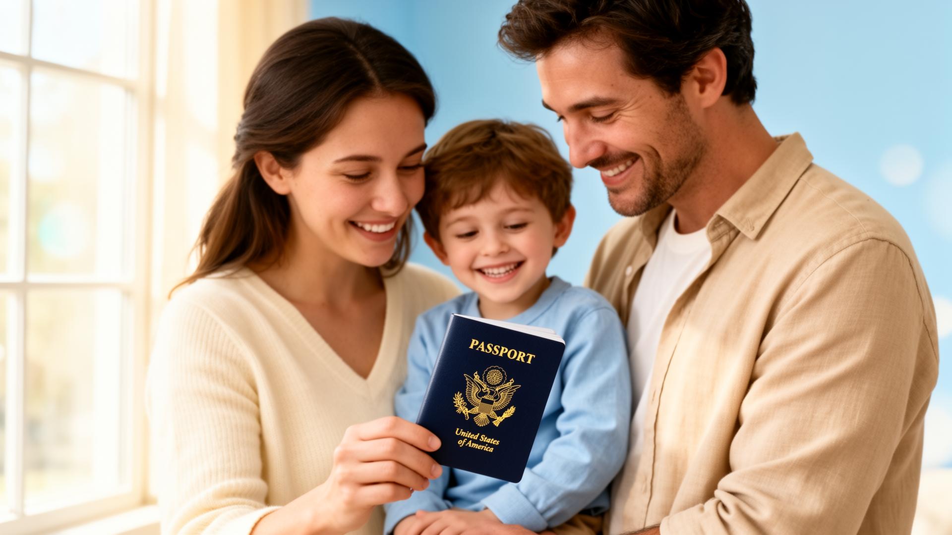 A happy family with a smiling child holding a U.S. passport in warm light