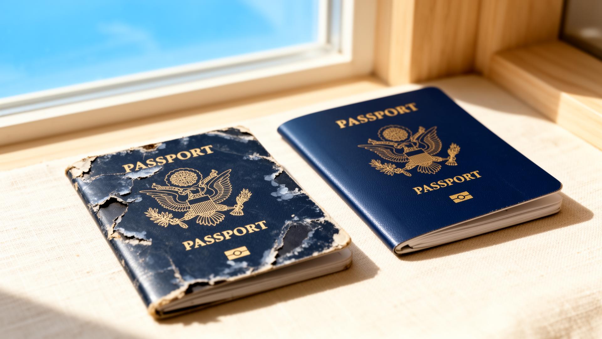 A worn damaged U.S. passport next to a crisp new U.S. passport on a leather portfolio