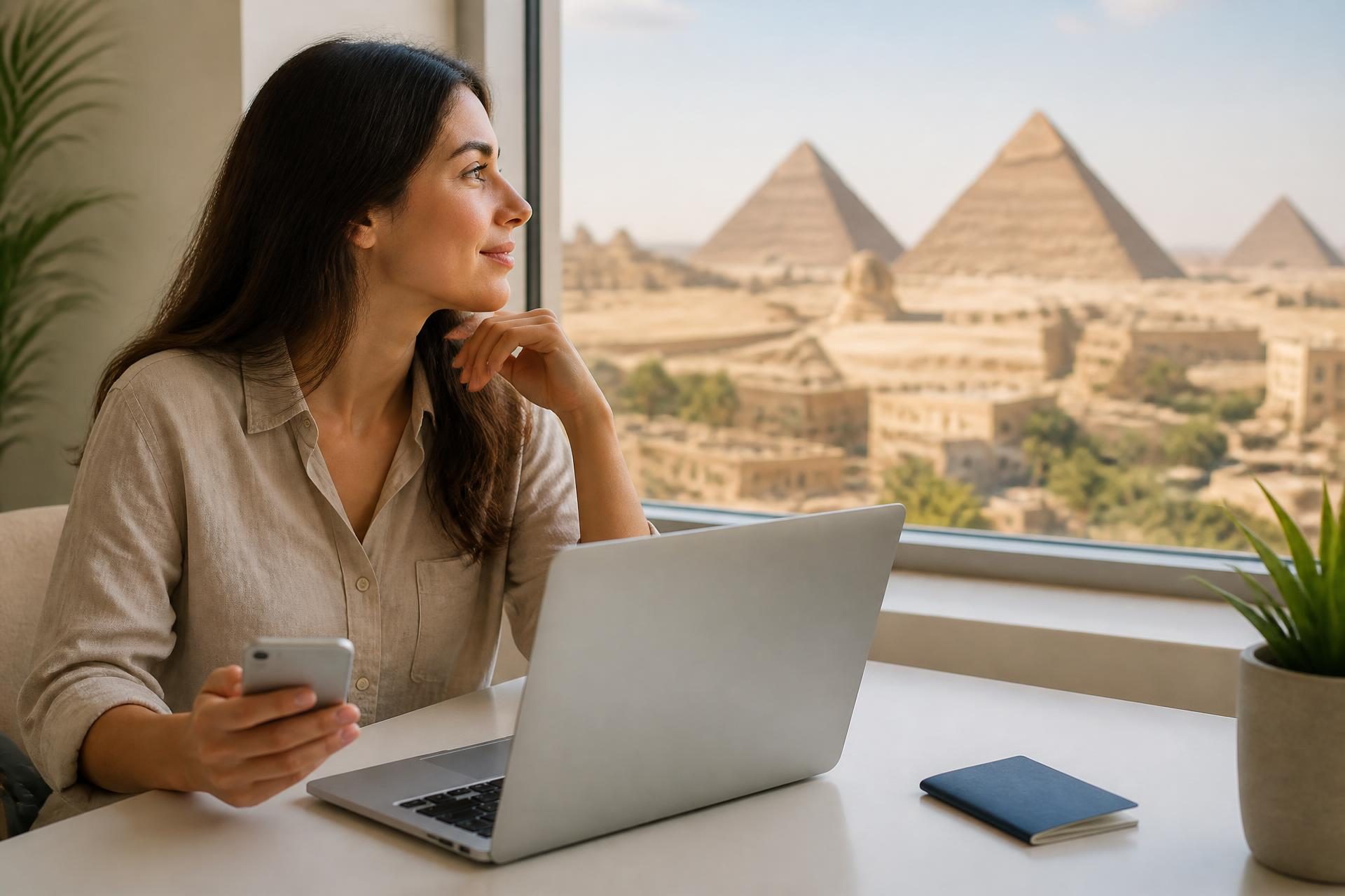 A traveler with a laptop, phone, and closed passport at a bright desk overlooking the Pyramids of Giza and the Cairo skyline