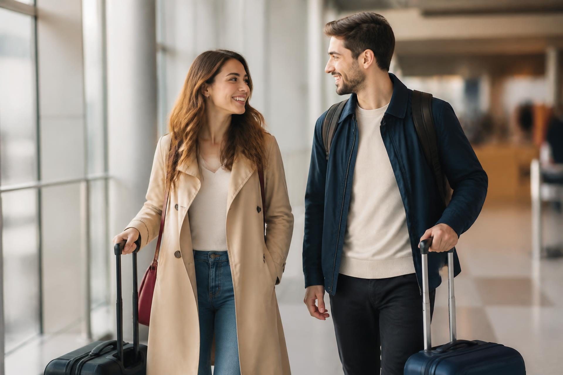 Two happy travelers walking through a bright airport terminal with rolling luggage