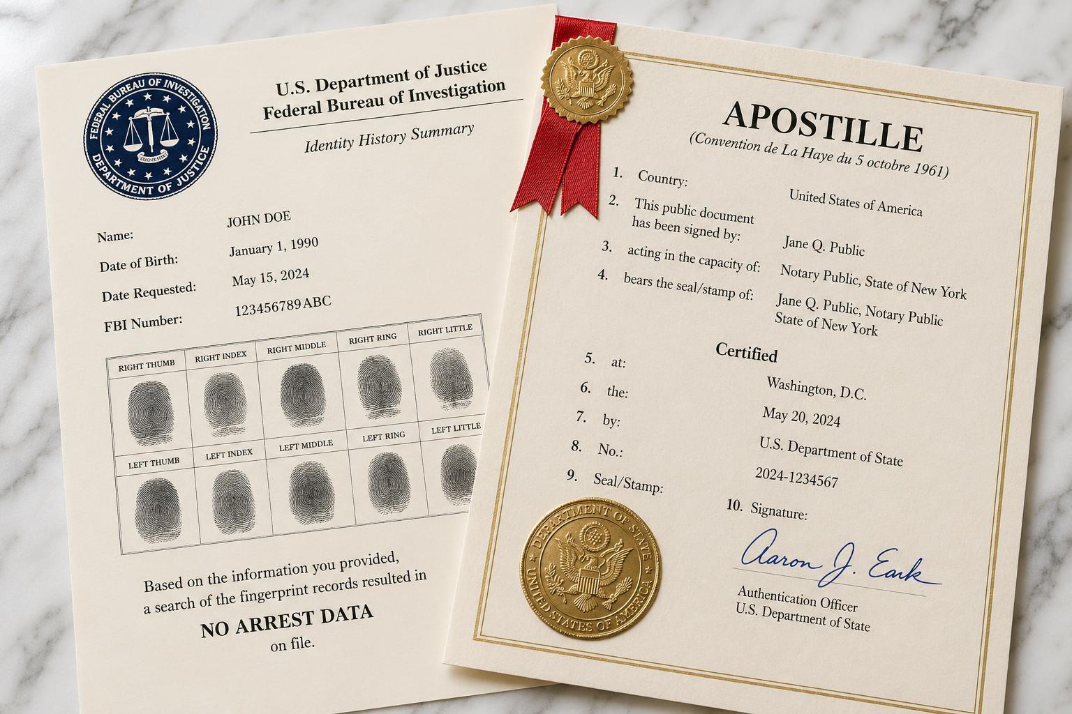 Fingerprint card with gold wax seal and red ribbon on a marble desk