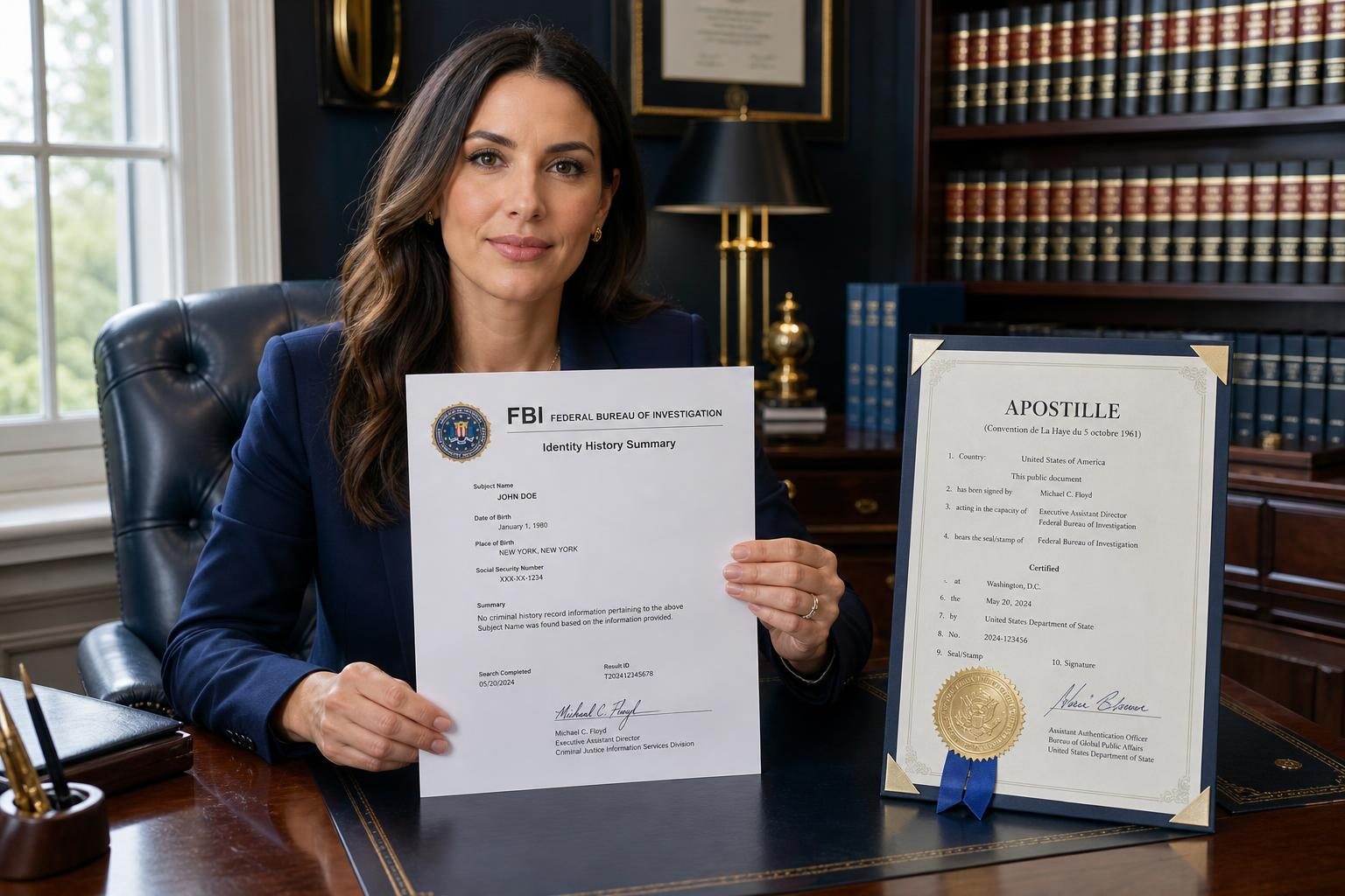 A professional specialist in a navy blazer holding an FBI Identity History Summary next to an apostille certificate with a gold foil seal