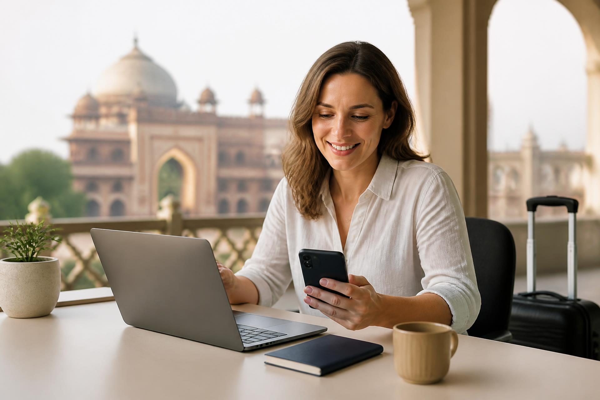 A U.S. traveler smiling while preparing her India e-Visa application on a laptop and phone, with Indian architecture visible outside