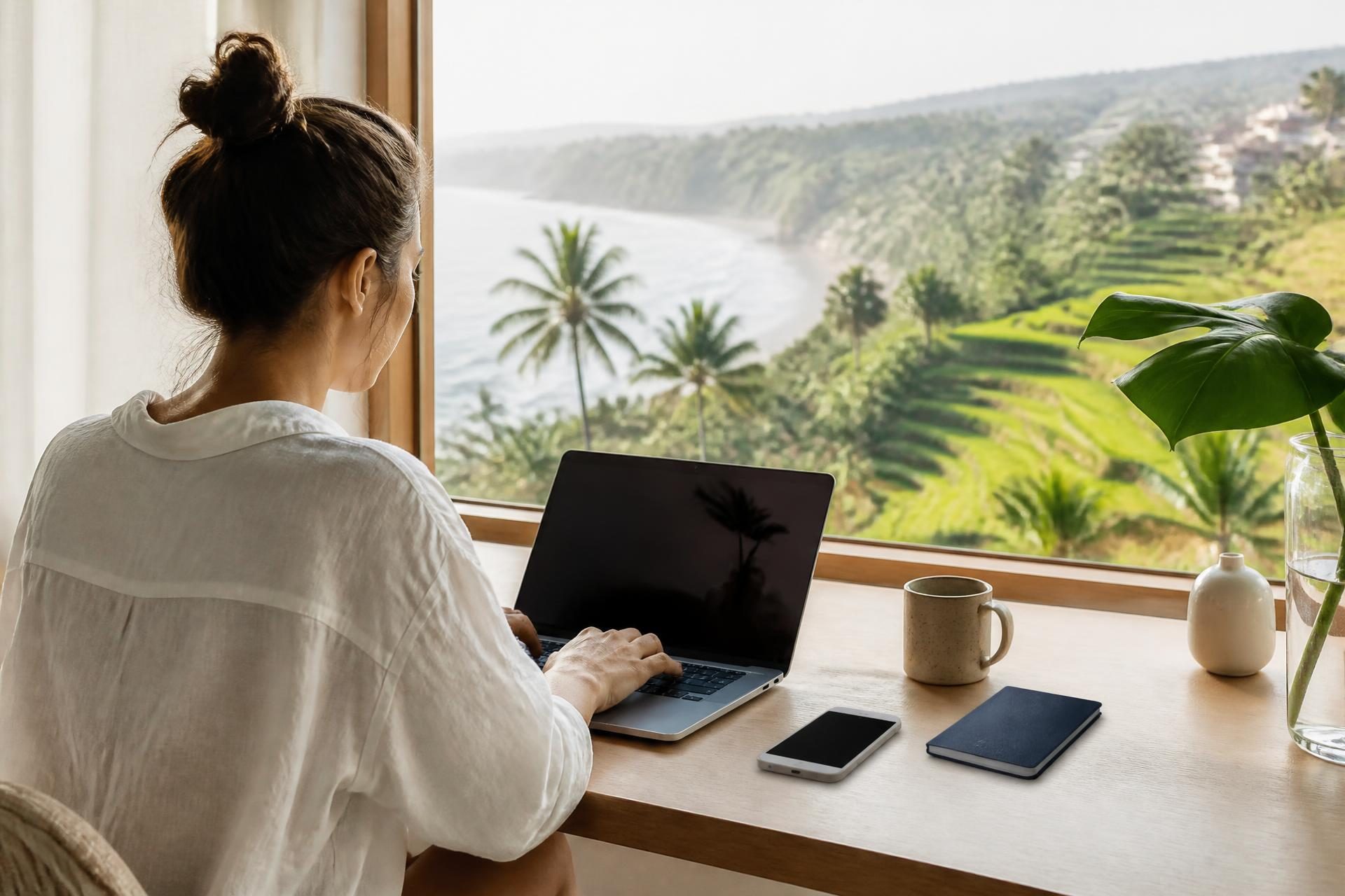 A traveler with a laptop, phone, and closed passport at a bright desk overlooking a Bali coastline with palm trees and terraced hills
