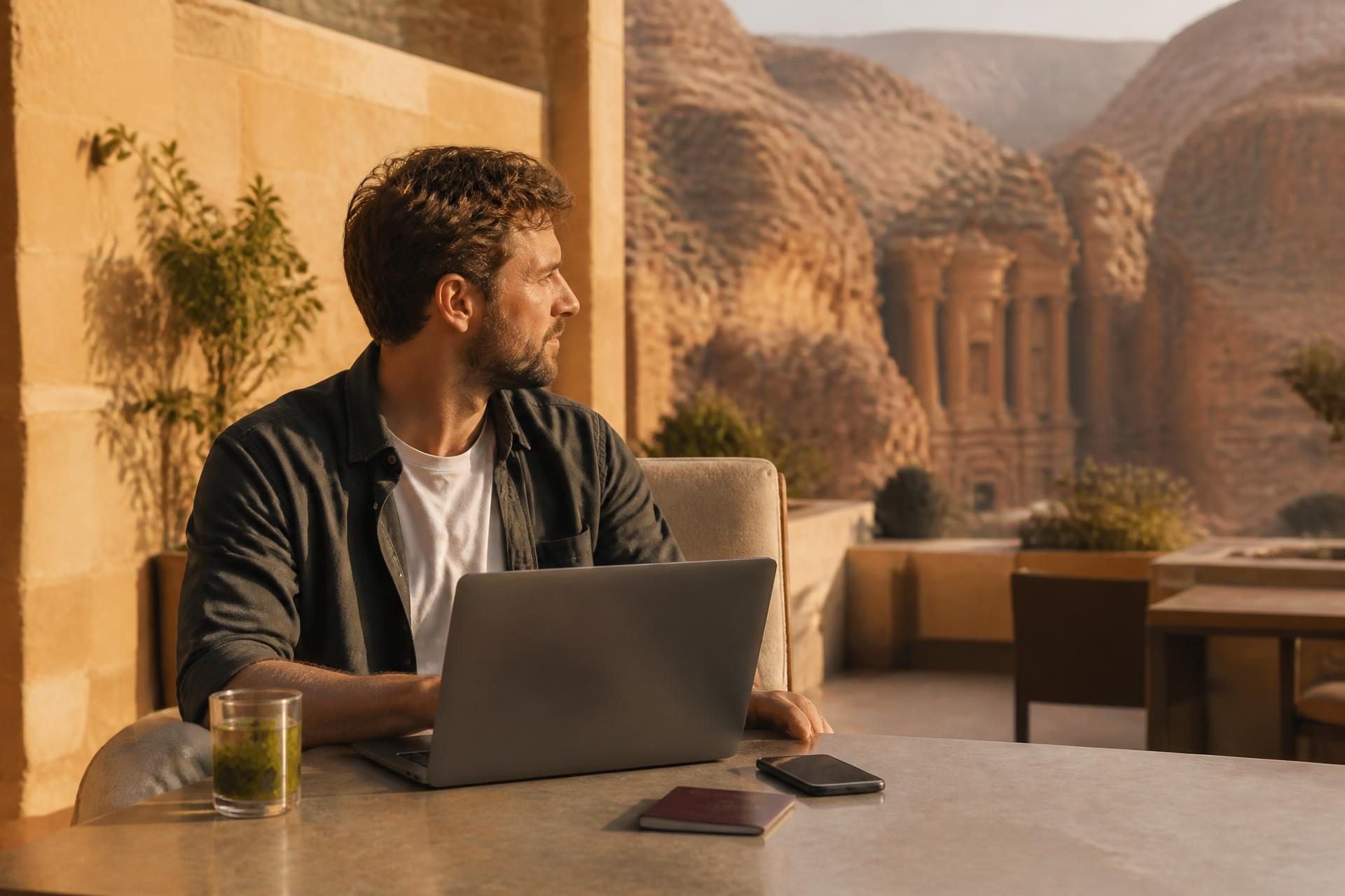 A traveler with a laptop, phone, and passport on a sunlit terrace overlooking Jordan's sandstone canyon landscape