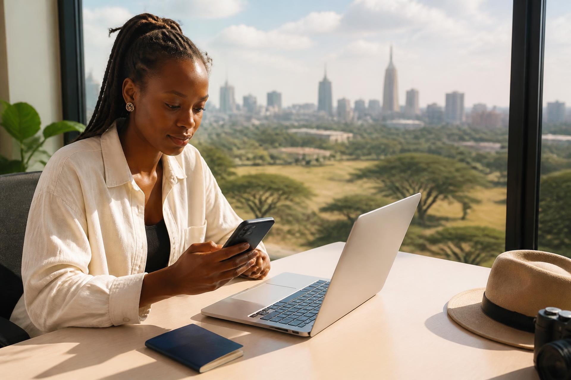 A traveler with a laptop, phone, and closed passport at a bright desk overlooking the Nairobi skyline and Kenyan parkland
