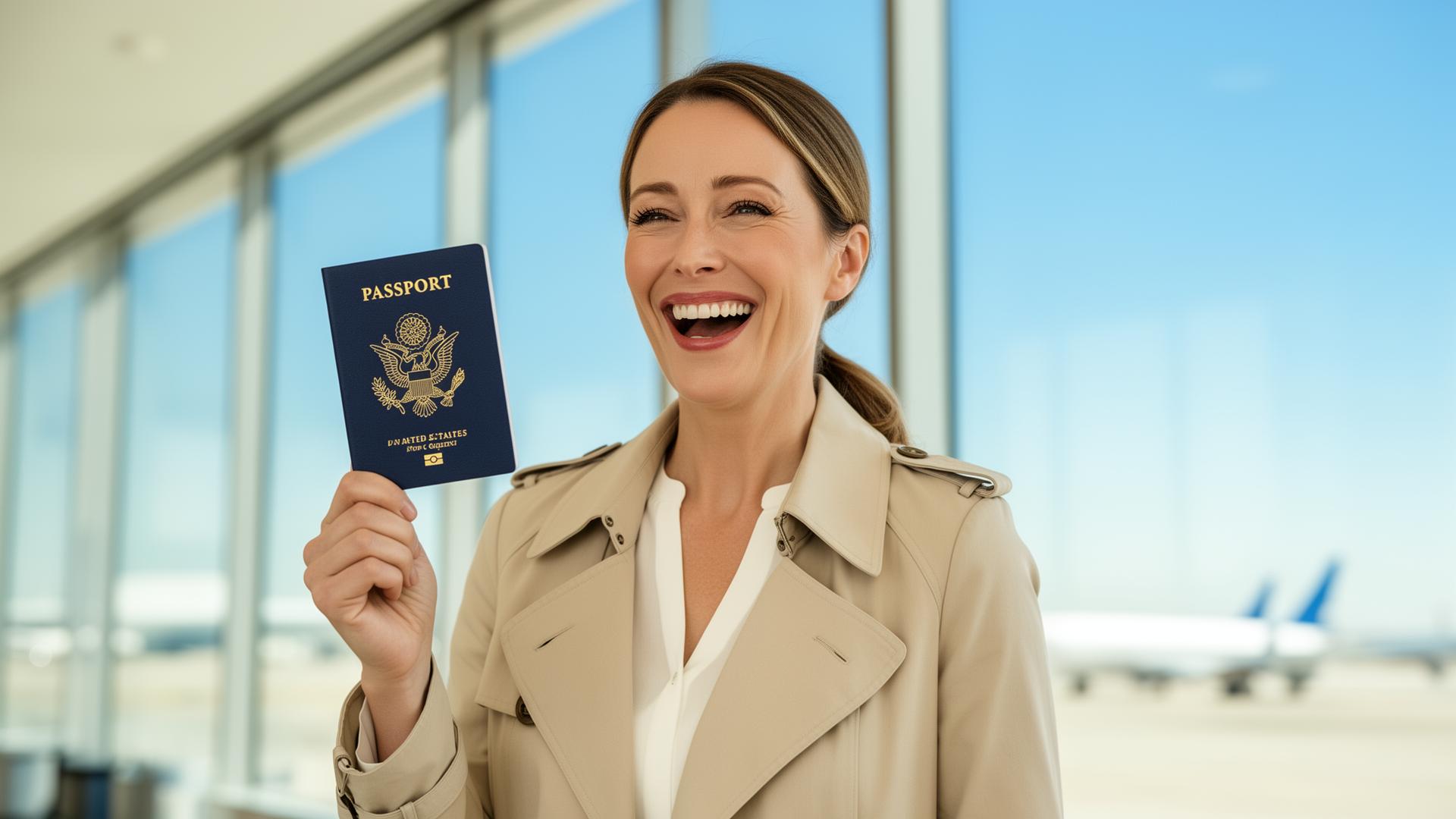 A relieved traveler at an airport receiving a replacement U.S. passport in soft warm light