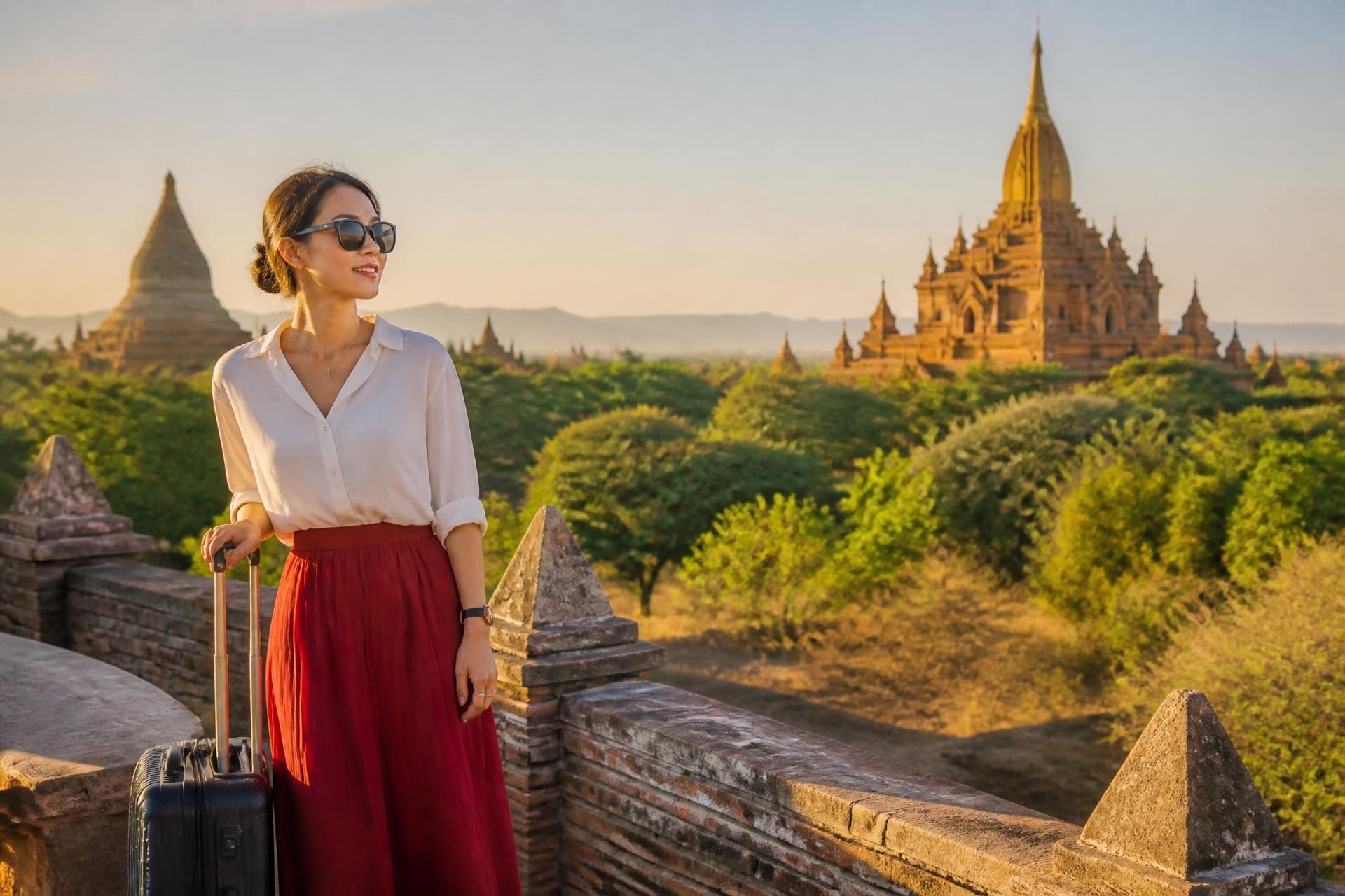 A smiling traveler at a bright desk completing an online Myanmar e-Visa application on a laptop and phone, with the temples of Bagan visible through the window at golden hour
