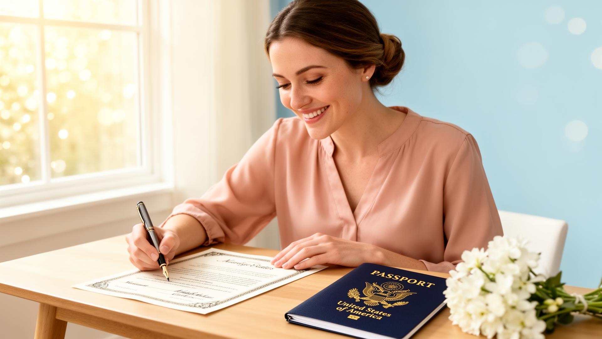 A woman signing a name change document with a U.S. passport on the desk in warm light