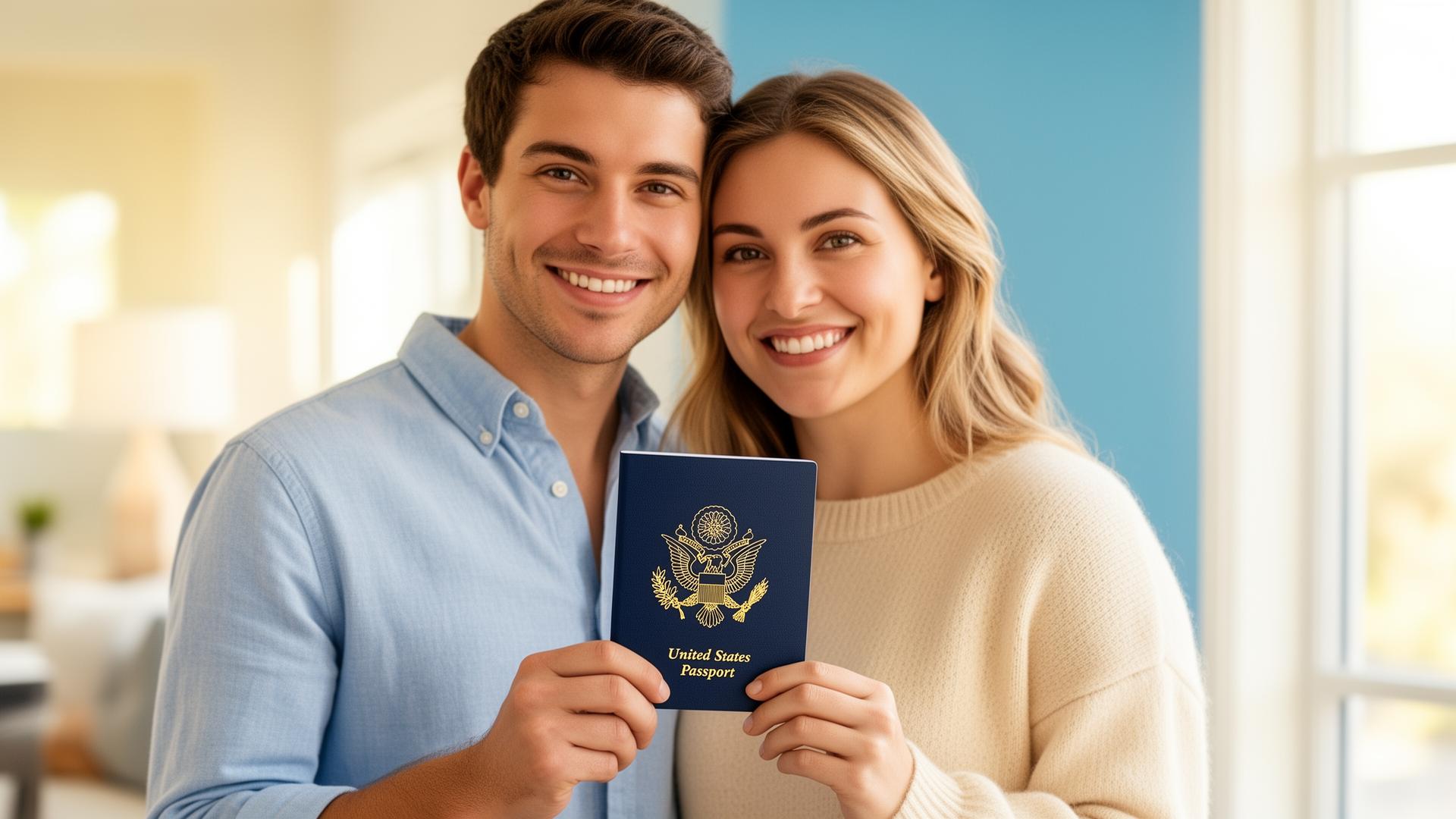 A smiling first-time traveler holding a brand new U.S. passport in golden hour light