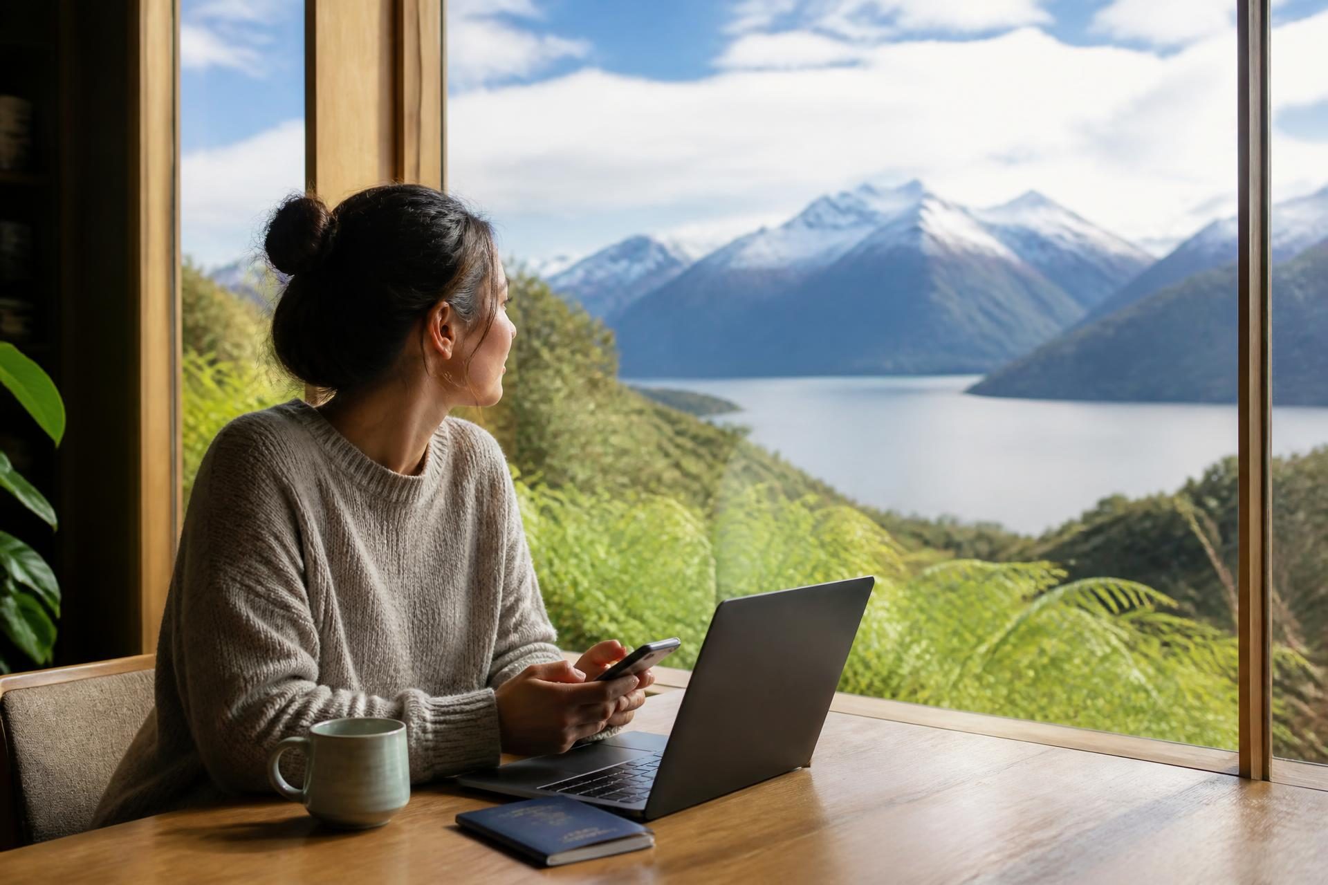 A traveler with a laptop, phone, and closed passport at a bright desk overlooking a New Zealand lake with green hills and snow-capped mountains
