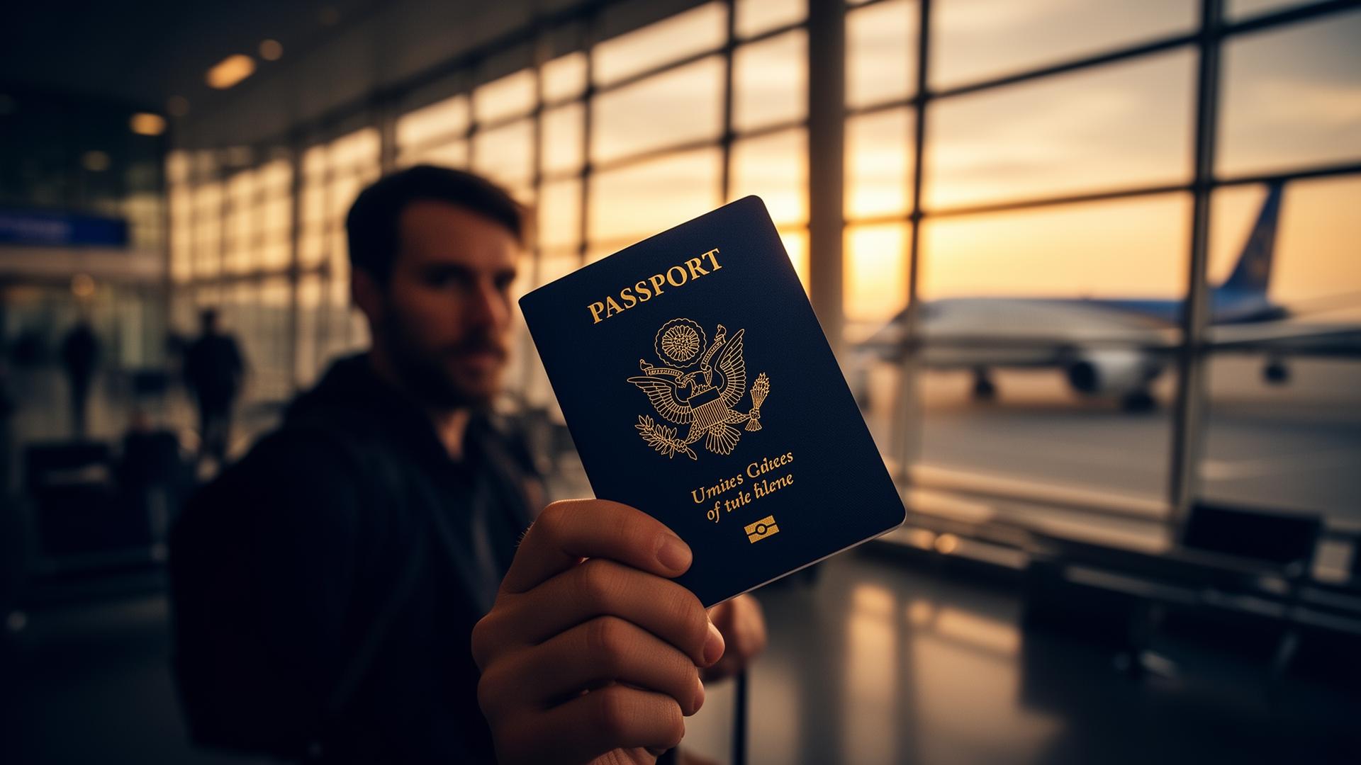 Traveler holding a U.S. passport at an airport gate during golden hour