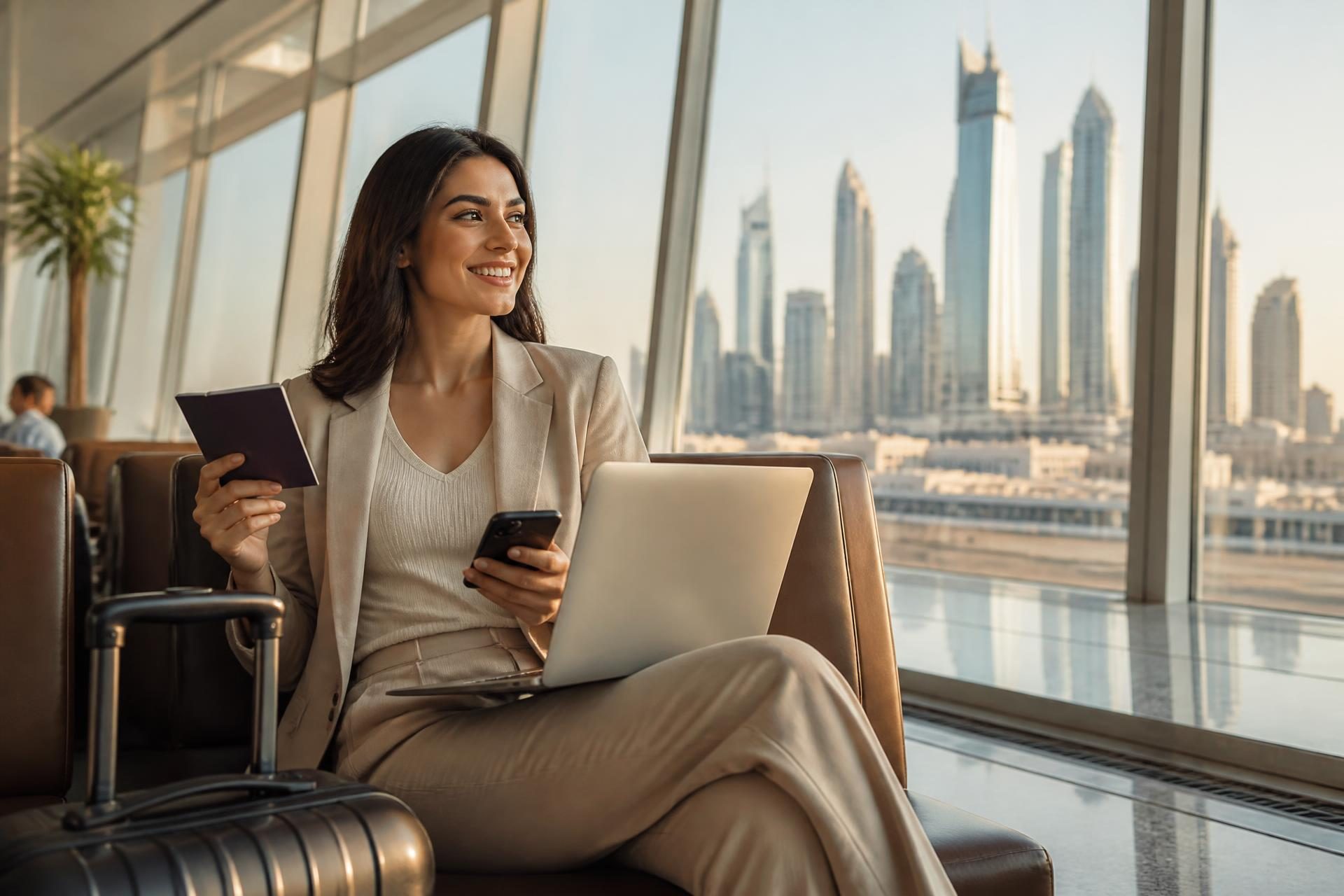 A traveler seated in a modern airport lounge with a laptop, phone, and passport, a contemporary city skyline visible through the windows