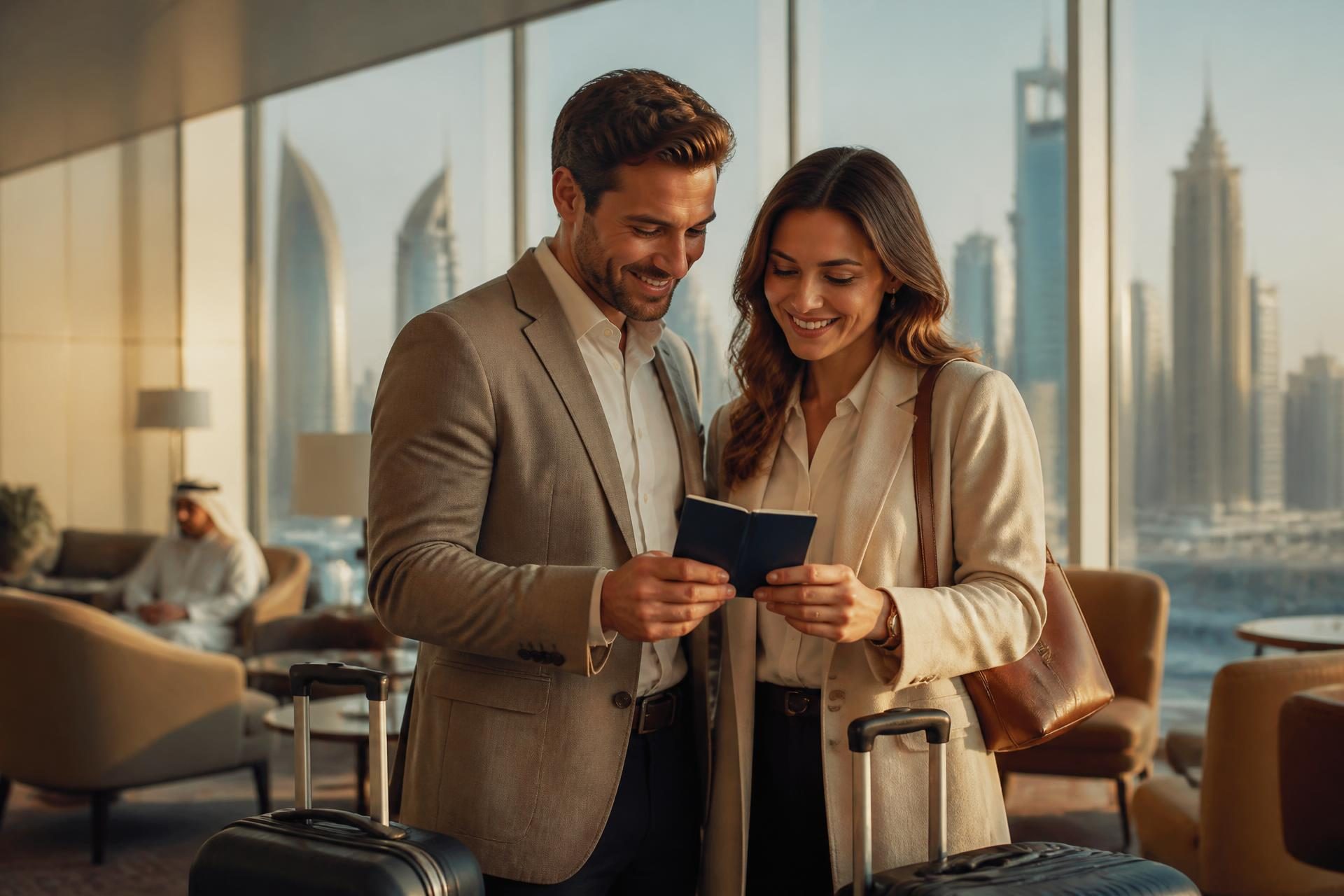 A couple with luggage in an airport lounge reviewing a U.S. passport before travel to Saudi Arabia