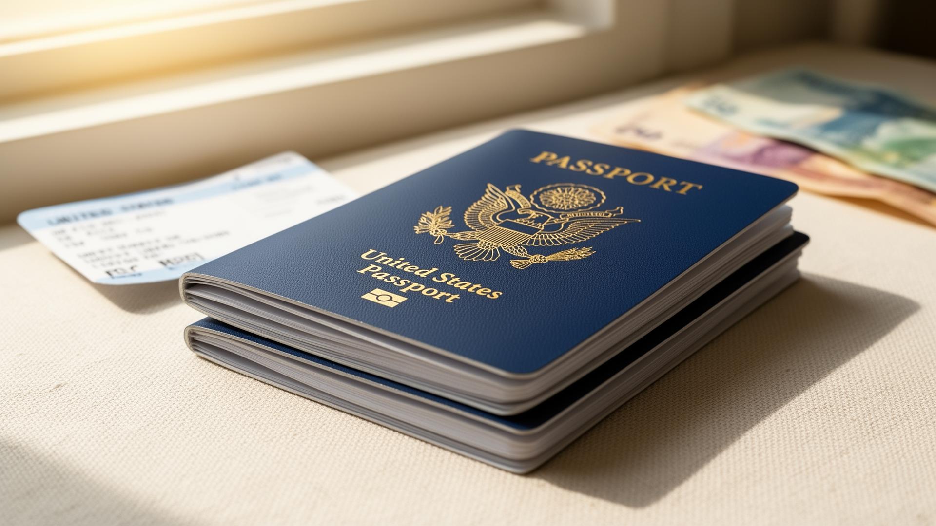 Two U.S. passports stacked on a leather portfolio with a world map and boarding passes