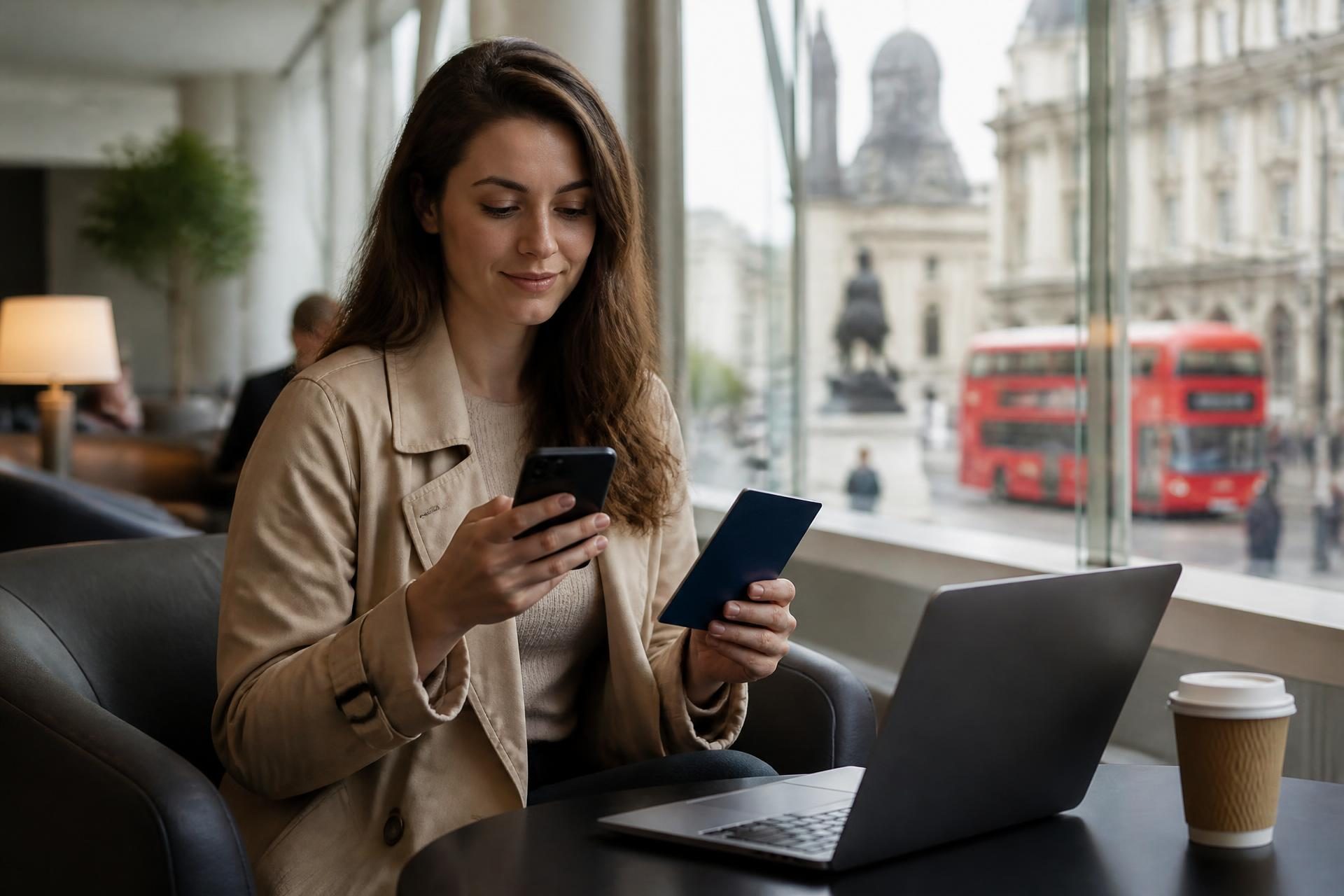 A traveler with a smartphone, laptop, and closed passport at a bright airport lounge table with a London street scene visible outside
