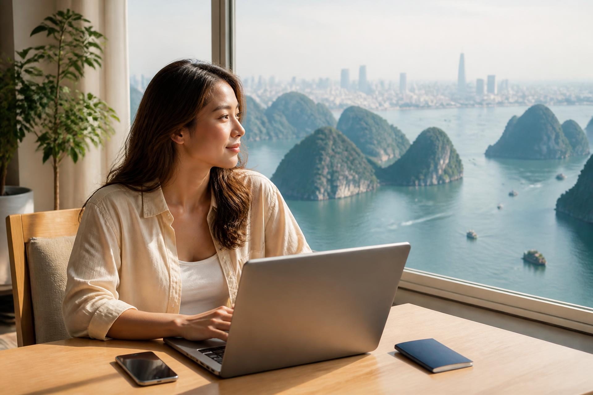 A traveler with a laptop, phone, and closed passport at a bright desk overlooking Ha Long Bay and a distant Vietnamese city skyline
