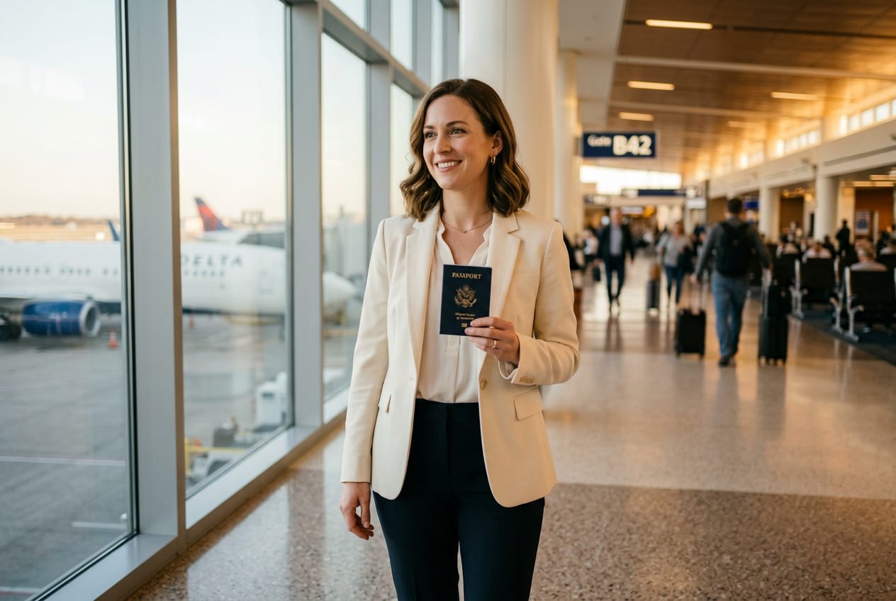 Professional woman in a cream blazer smiling while holding an open U.S. passport in a sunlit airport terminal at golden hour