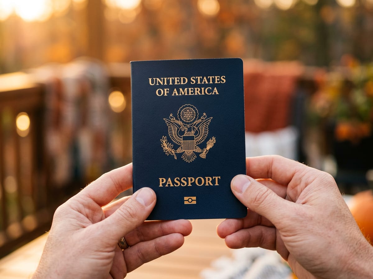 Hands holding a U.S. passport with the gold embossed seal in dramatic light