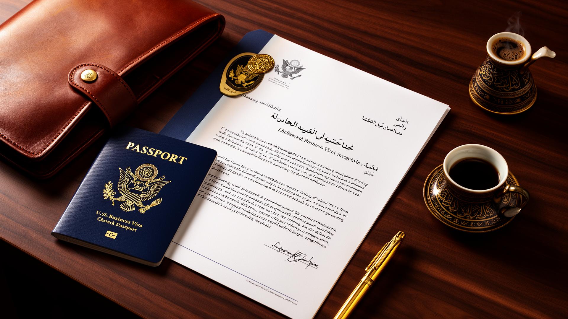 Editorial flat lay of a U.S. passport, Saudi business invitation letter in Arabic and English, leather portfolio and Arabic coffee cup