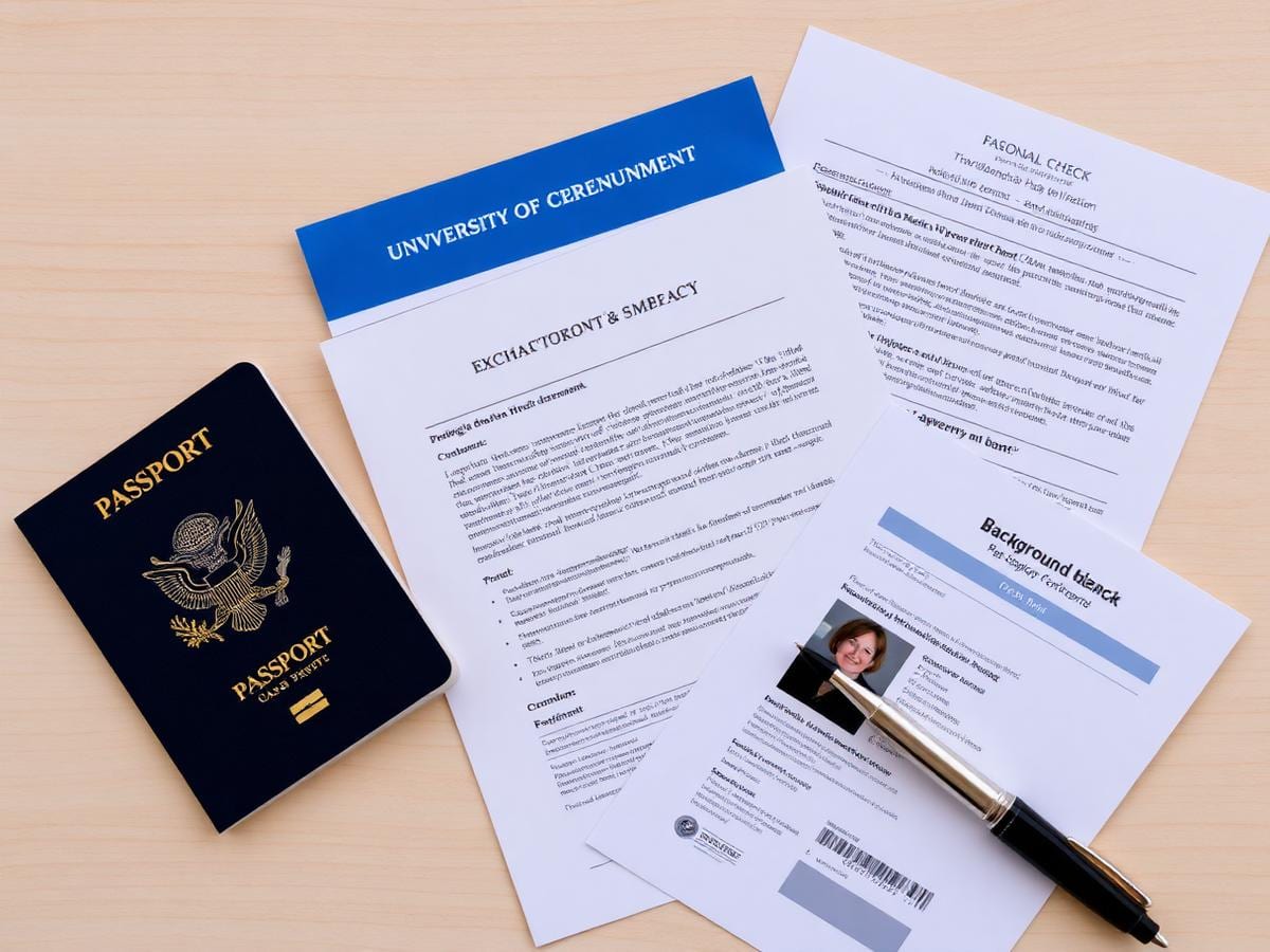 U.S. passport, university acceptance letter, medical report form and background check on a desk