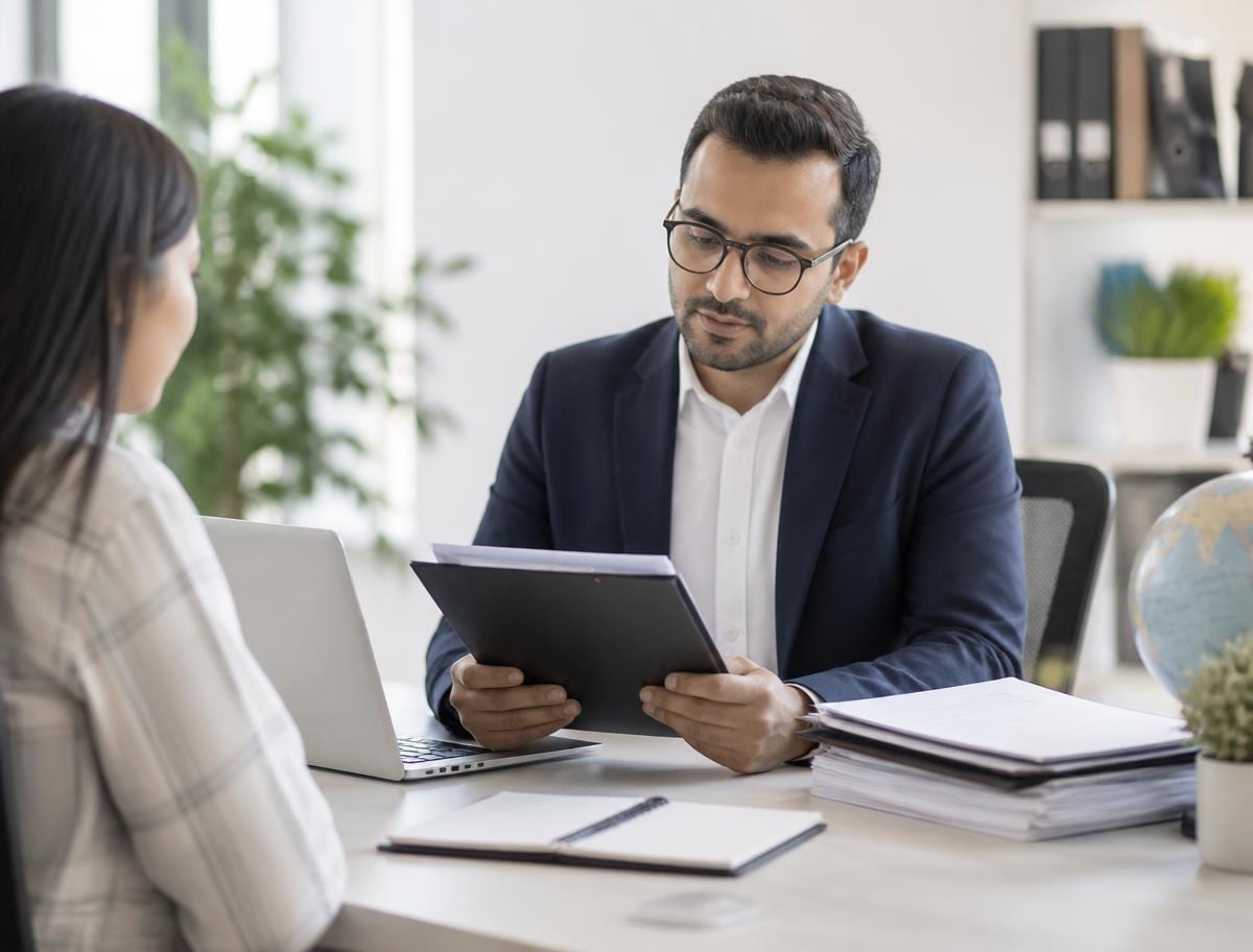 APVI visa specialist reviewing a student's application documents at an office desk