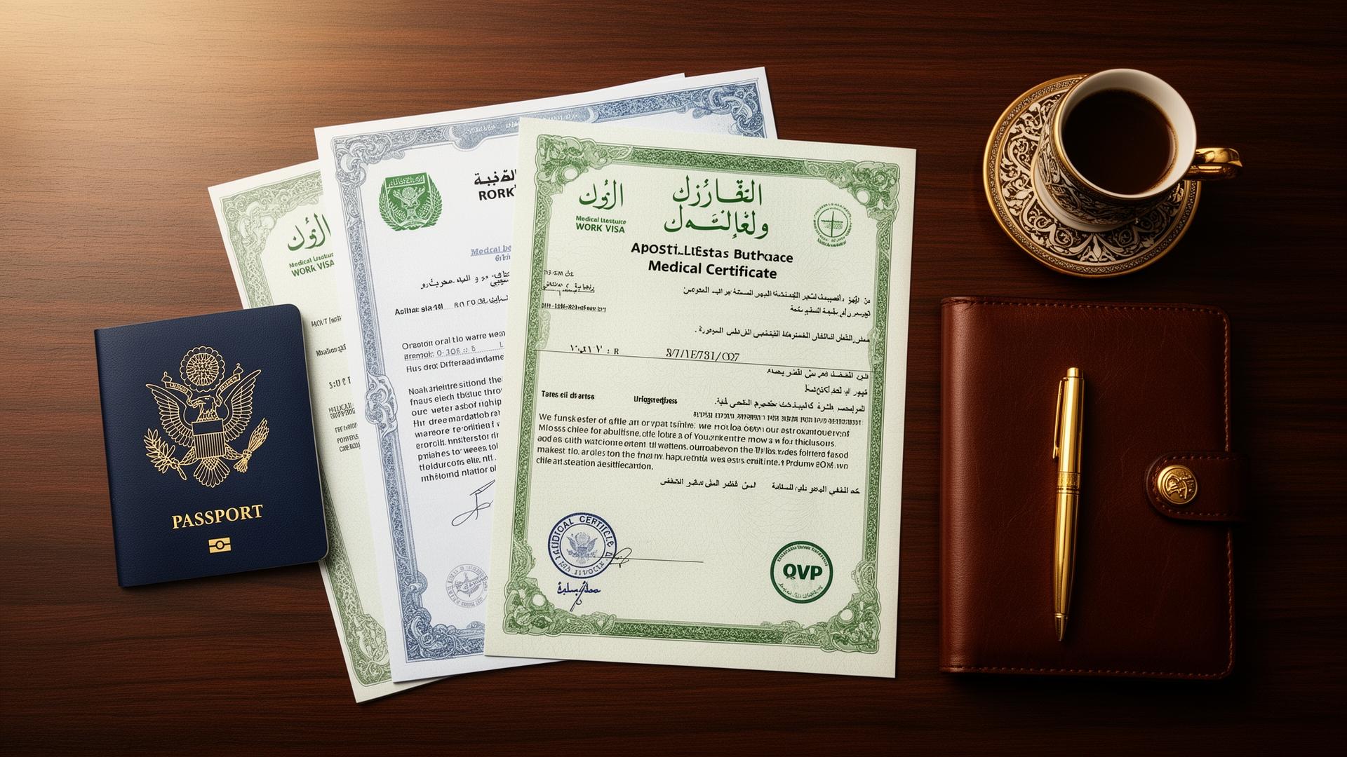 Editorial flat lay of a U.S. passport, Saudi work visa documents in Arabic, apostille seal, QVP and medical certificate, leather portfolio and Arabic coffee cup