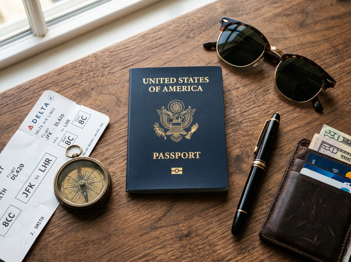 Editorial flat lay of legal documents, a notary seal, and a U.S. passport on a wooden desk
