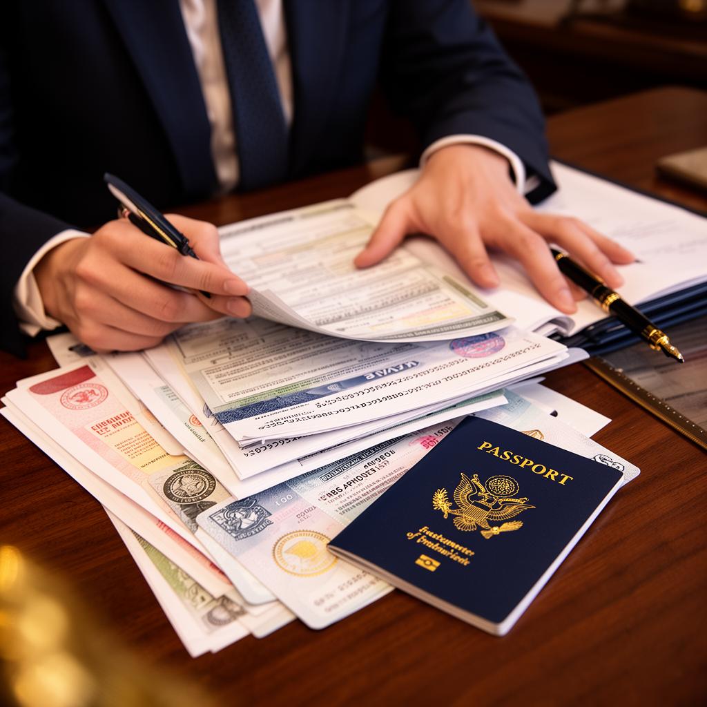 APVI visa specialist reviewing international visa application paperwork at a wooden desk