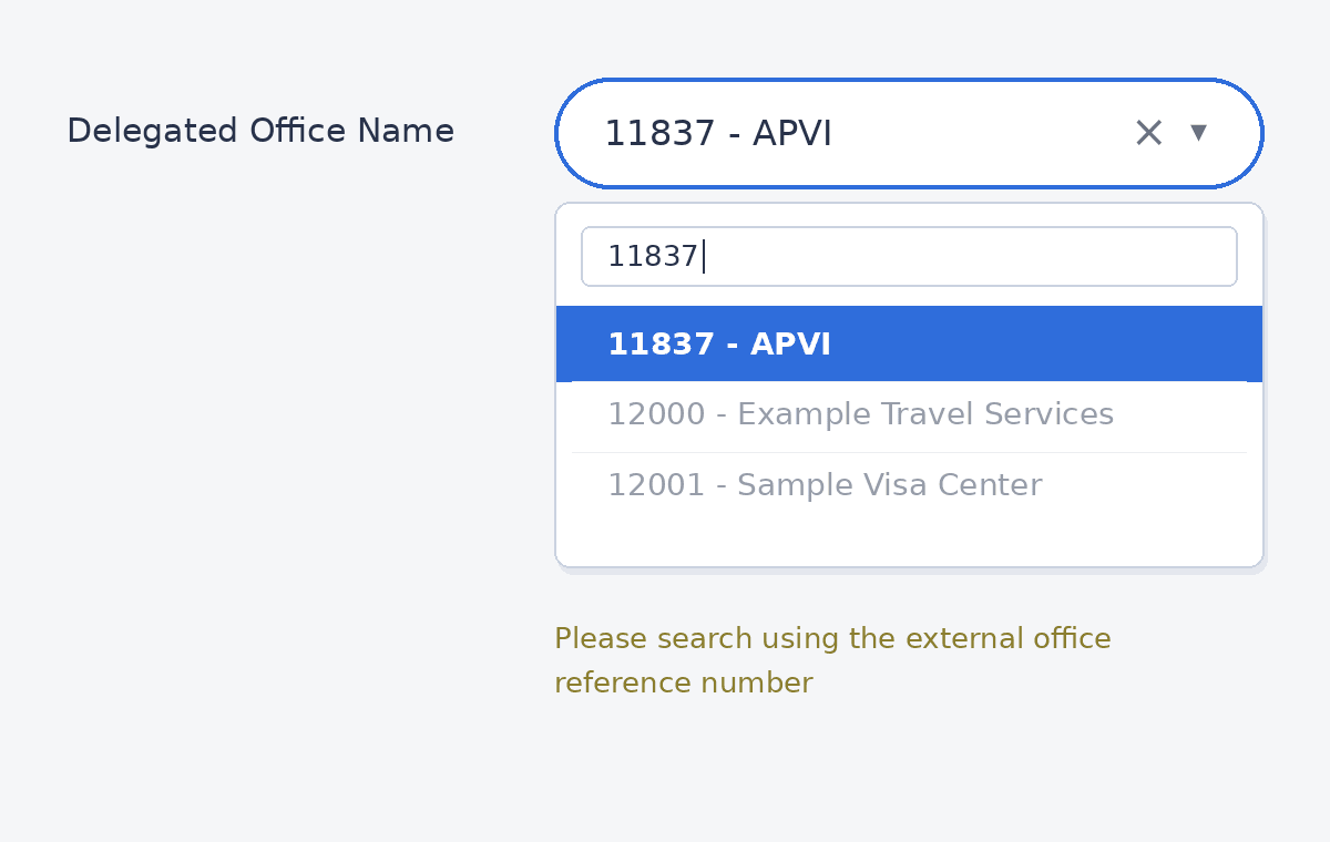 KSAVISA Delegated Office Name field with 11837 - APVI selected